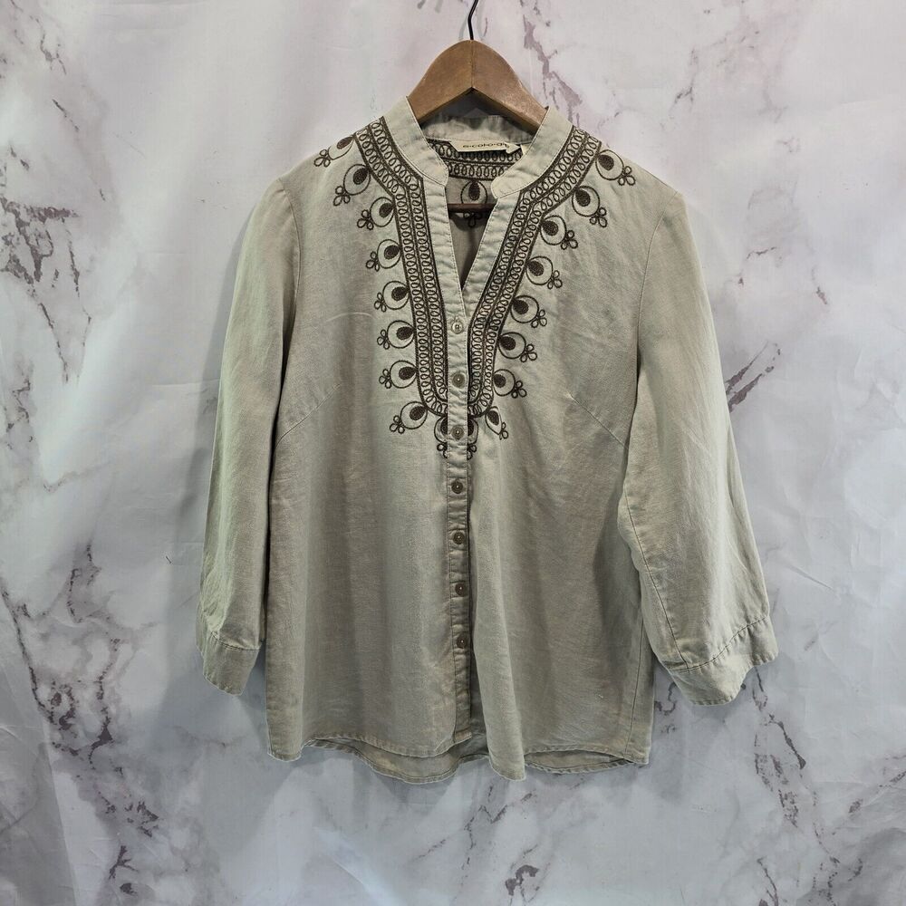 Ecologie Shirt Women Large Taupe Linen Button Popover Notch V Embroidered Vtg